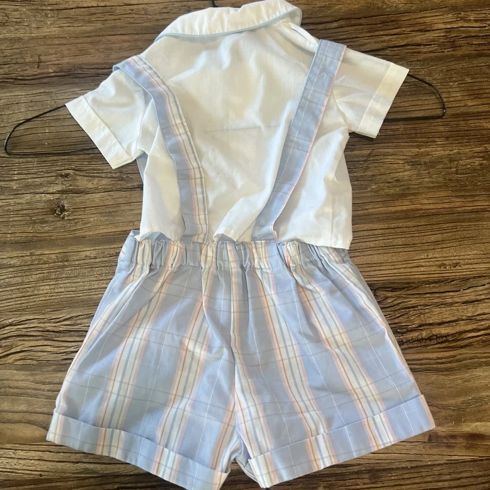 Vintage 12 Mos Boys Blue‎ Plaid Shorts Set Sailor Emboidered Shirt Suspender